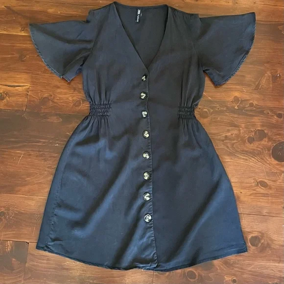 Zara Black Ruffled Buttoned Mini Sundress - Picture 1 of 3